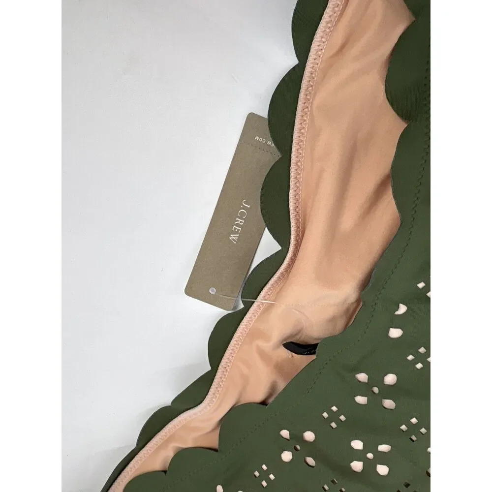 One Shoulder One Piece Olive Green Scallop Trim Swimsuit